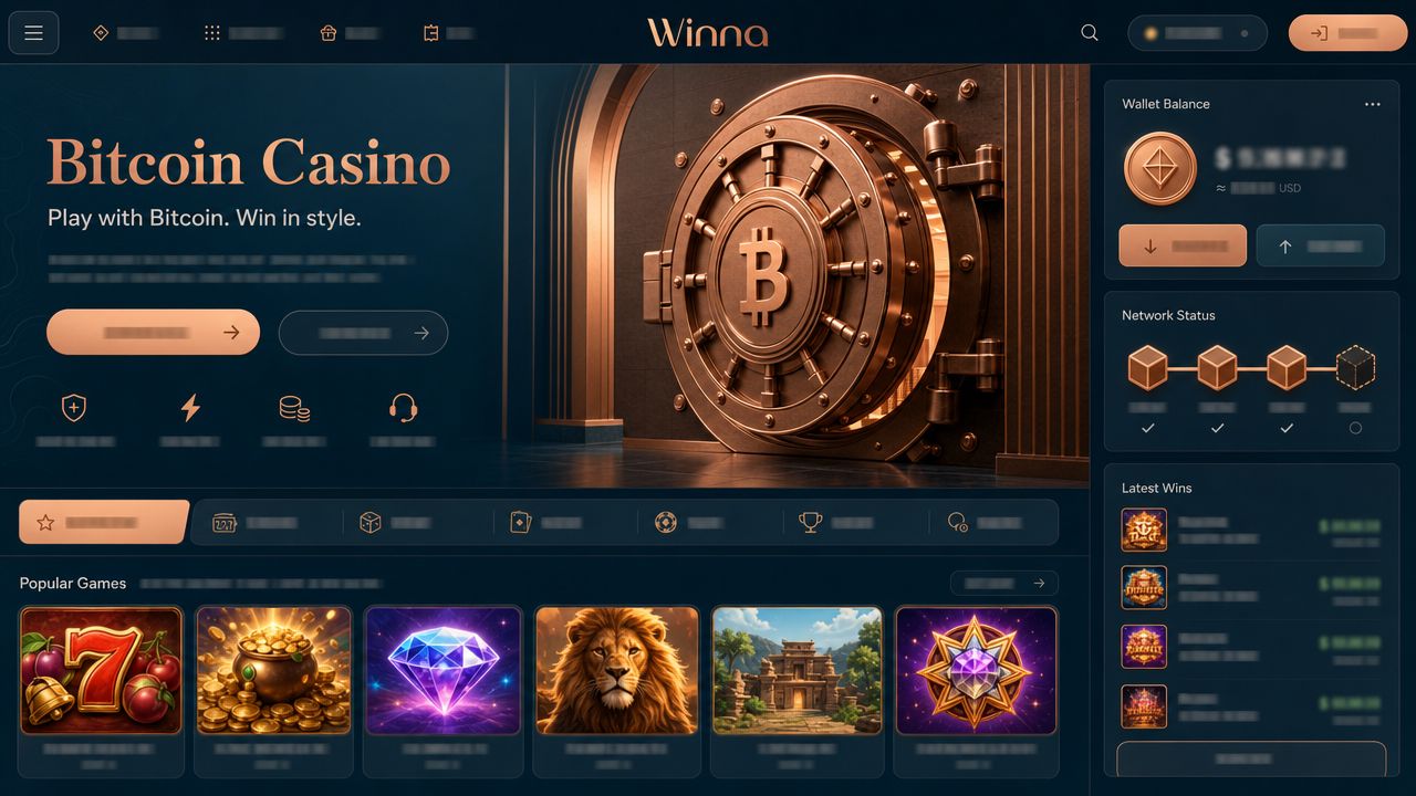 Winna casino homepage with wallet widget, promotional banner and slot game tiles