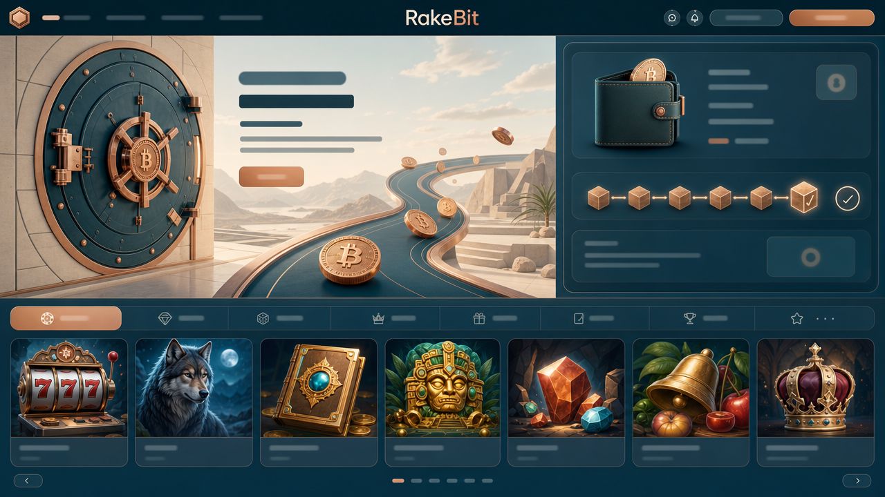 RakeBit Bitcoin casino homepage with a wallet widget, category tabs and slot tiles