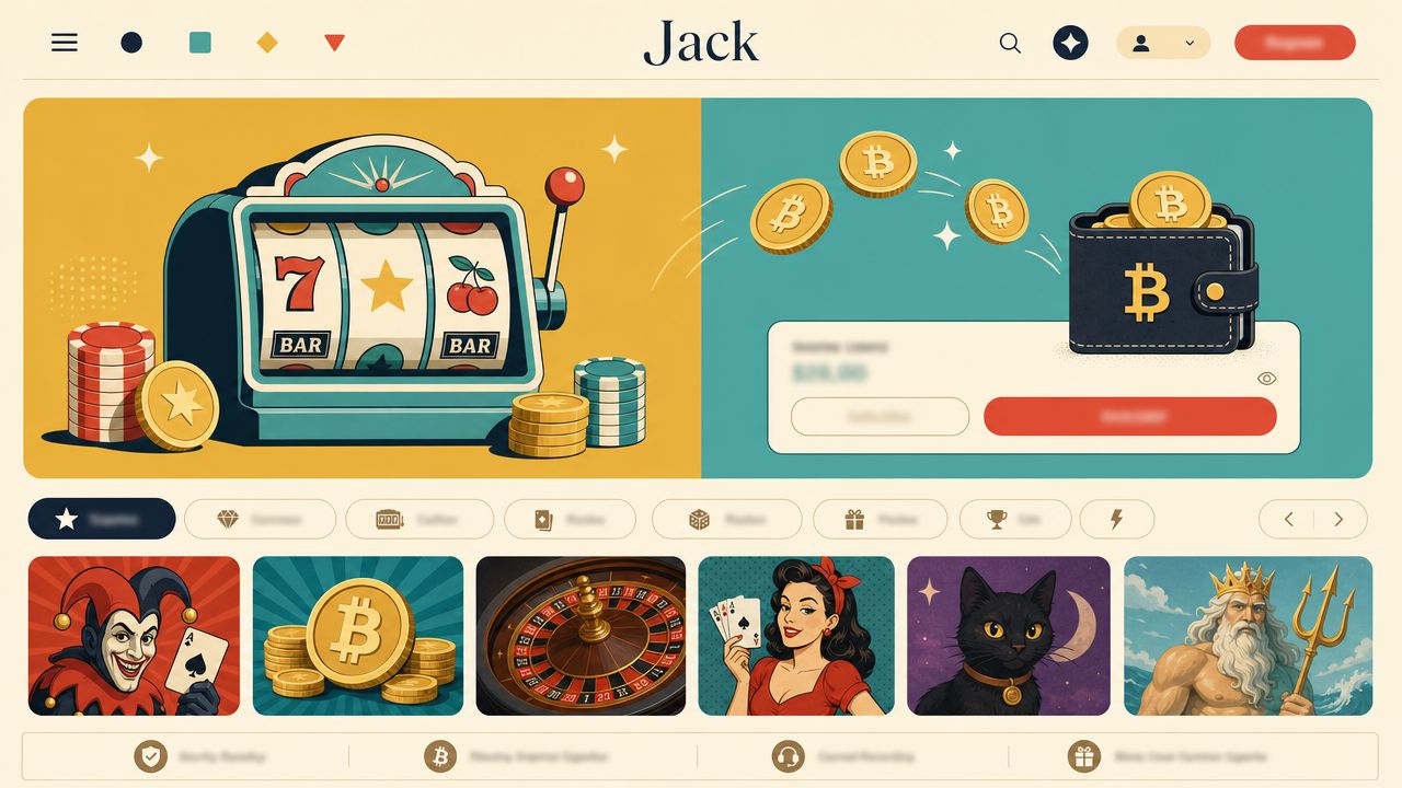 Jack casino homepage screenshot with retro slot reels, wallet widget and game tiles