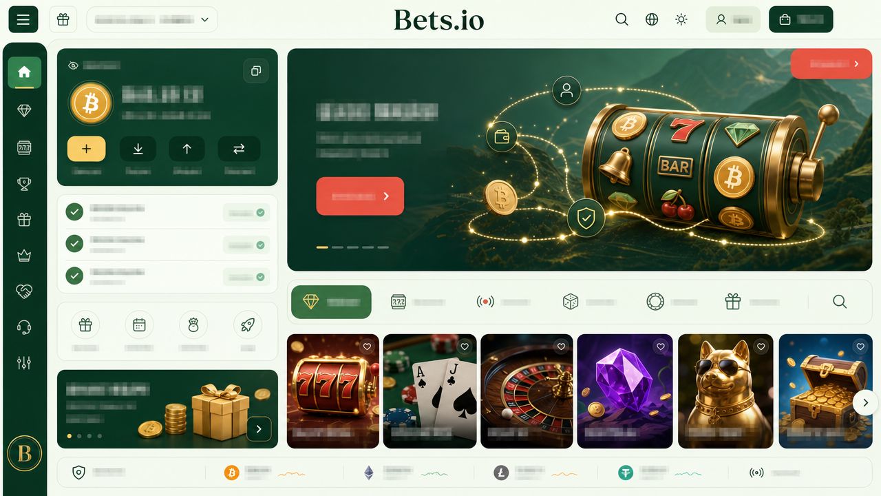 Bets.io Bitcoin casino homepage with wallet widget, category tabs and game tiles