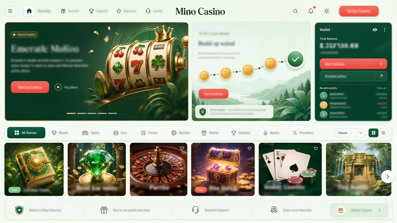 Mino Casino homepage with game tiles, category tabs and a wallet panel