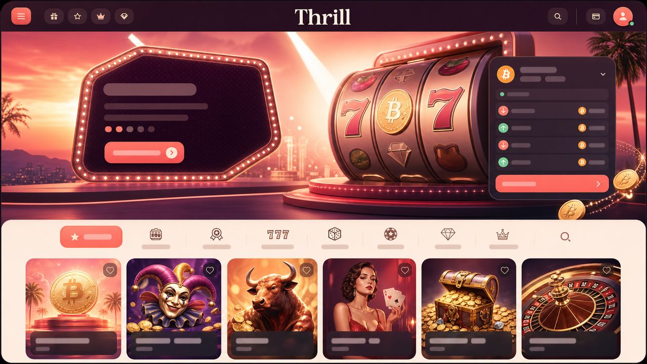 Thrill casino homepage with coral and plum design, game tiles and a wallet widget