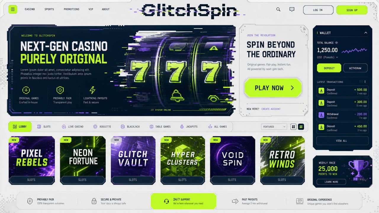 GlitchSpin Bitcoin casino homepage with slot reels and a wallet widget